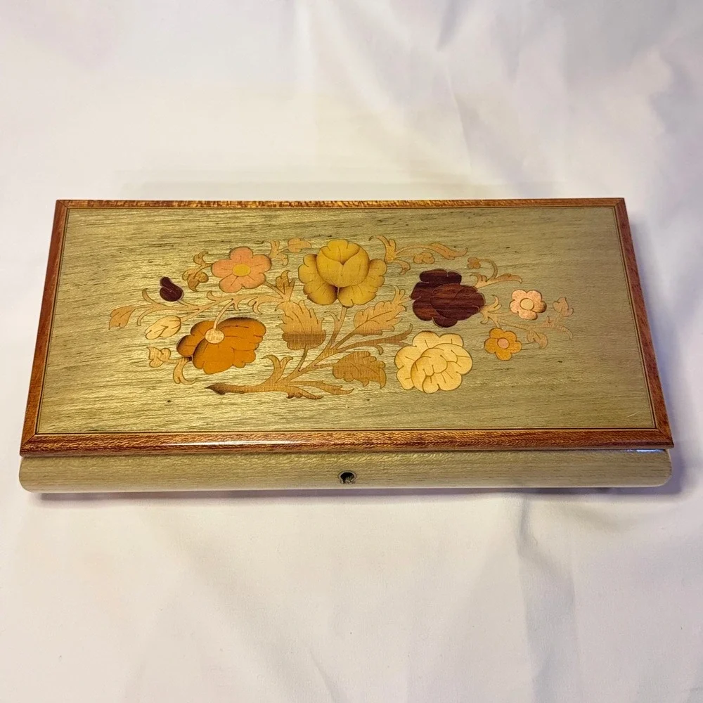 Vintage Italian Inlaid Wood Music Box Jewelry Case Floral CottagecoreMCM
